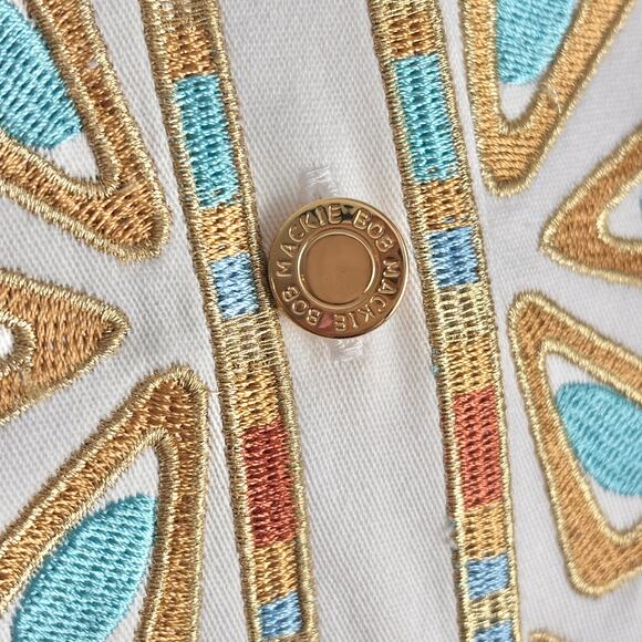 Bob Mackie Aztec Jacket Womens Large White Embroidered Blouse Southwestern Boho